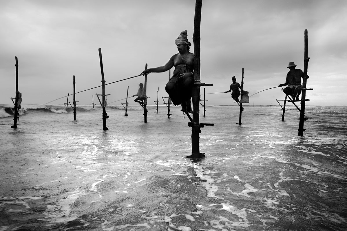 Stilt fisherman in alternative black and white