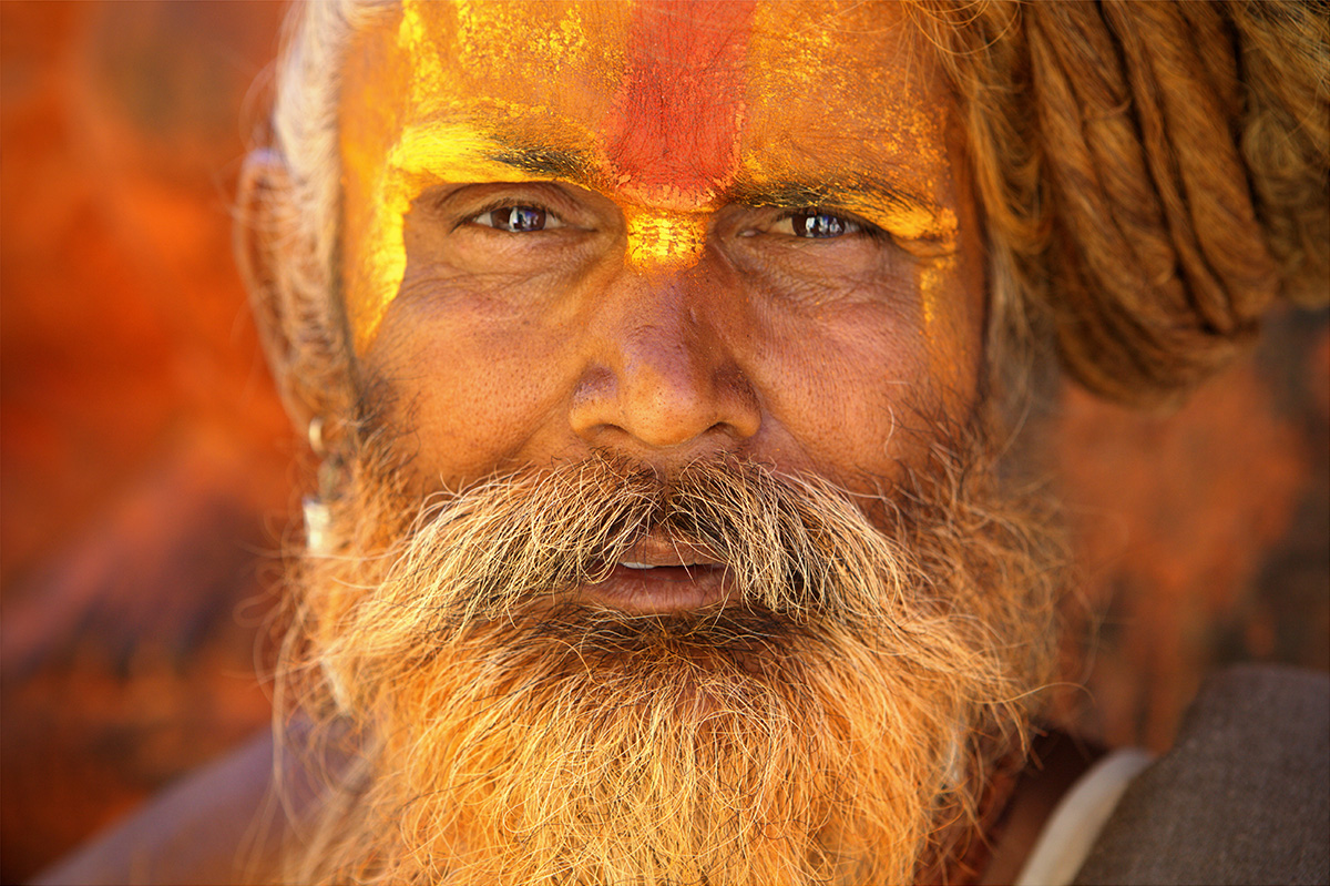Colourful face at Kathmandu temple, sadhu project photography